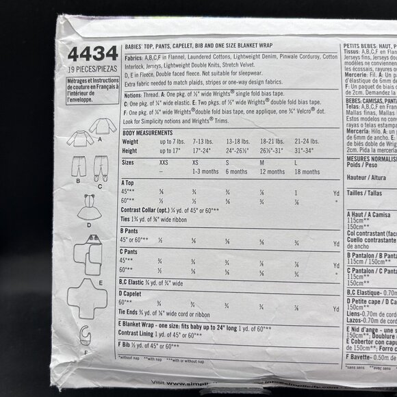 Simplicity 4434 “Top, Pants, Capelet, Bib & Blanket Wrap” (XXS-L) Sewing Pattern - Picture 3 of 5